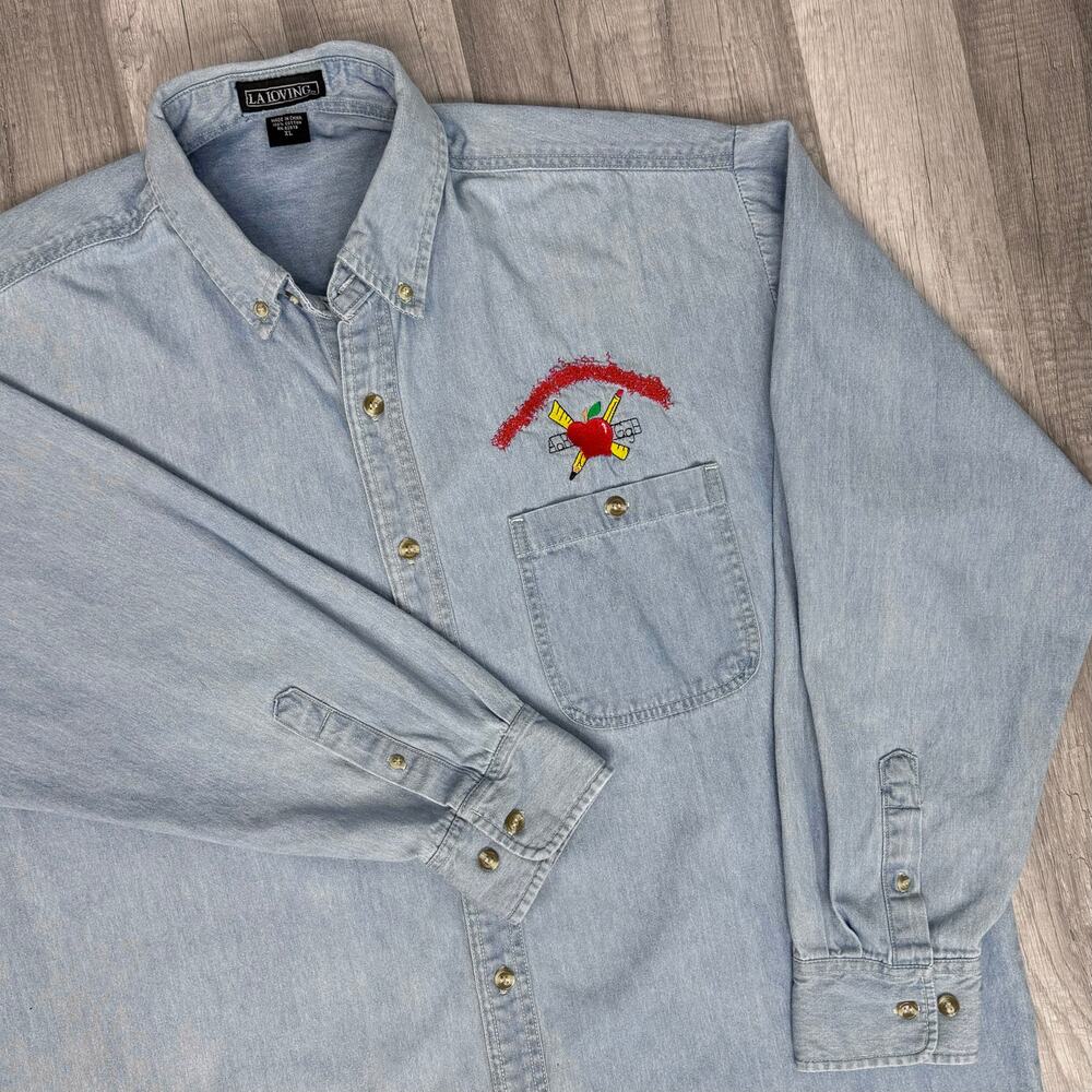 Vintage Teachers Light Wash Long Sleeve Denim Button Shirt Size XL